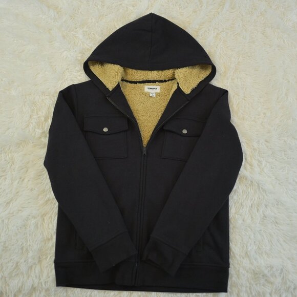 Sonoma Boys Zip Up Black Sherpa Lined Hooded Sweatshirt Jacket Size L 14/16 - Picture 1 of 4